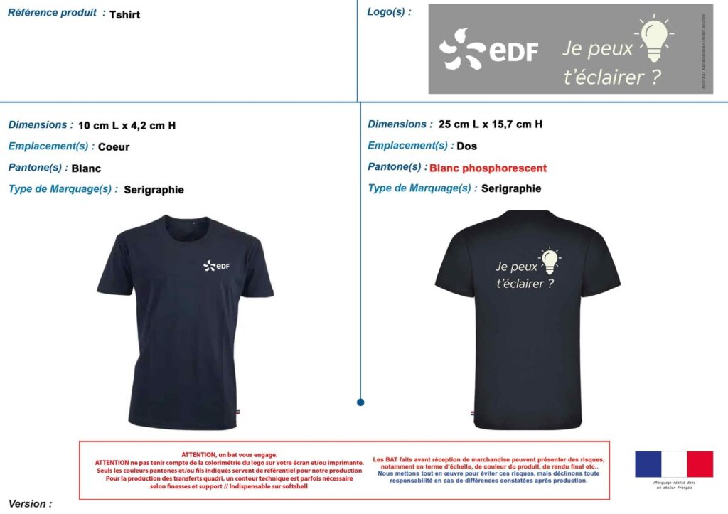 BAT T-shirt EDF Hydro Méditerranée | Sérigraphie blanc + blanc phosphorescent | Emplacement : cœur (10×4,2 cm) & dos (25×15,7 cm)