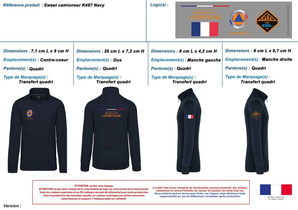 Sweat camioneur K487 Sécurité Civile Logistique | Transfert quadri 4 emplacements | Contre-cœur, dos, manche gauche, manche droite