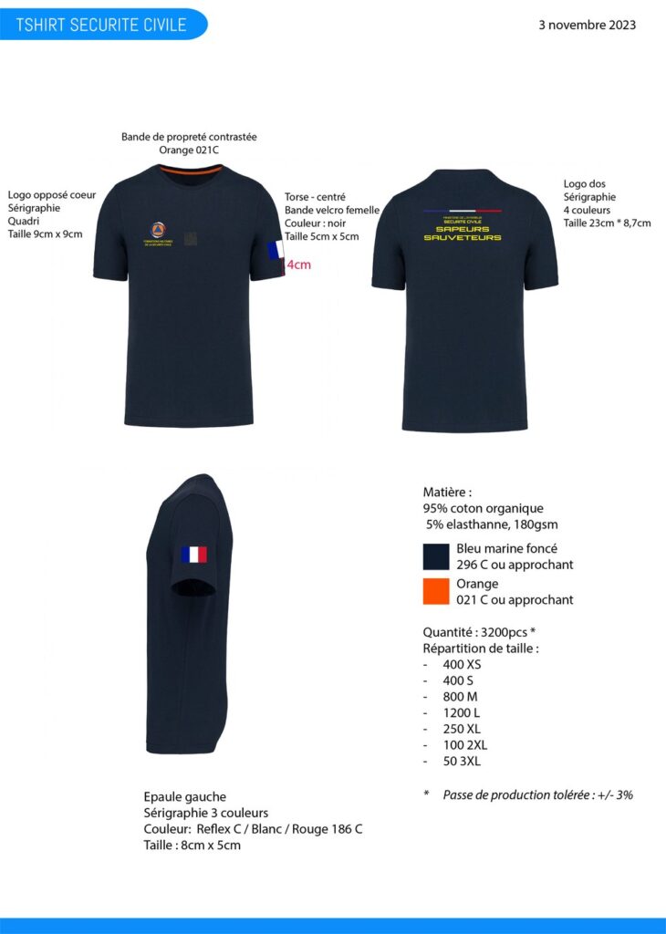 T-shirt Sécurité Civile Sapeurs Sauveteurs | Sérigraphie 4 couleurs | Multi-emplacements : cœur, dos, épaule, bande velcro