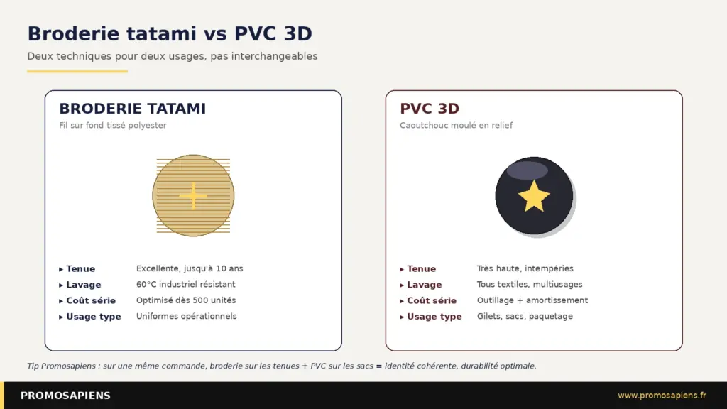 Broderie tatami sur fond polyester tissé, ou PVC 3D moulé en relief : deux techniques pour deux usages distincts.