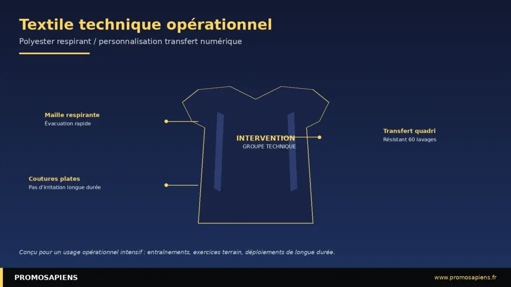 T-shirt technique en polyester respirant : maille évacuante, transfert quadri résistant et coutures plates pour usage opérationnel intensif.
