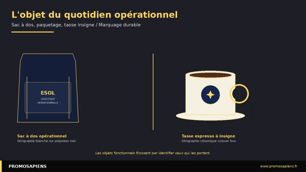 Le sac à dos opérationnel et la tasse à insigne : deux objets de logistique du quotidien marqués pour durer.