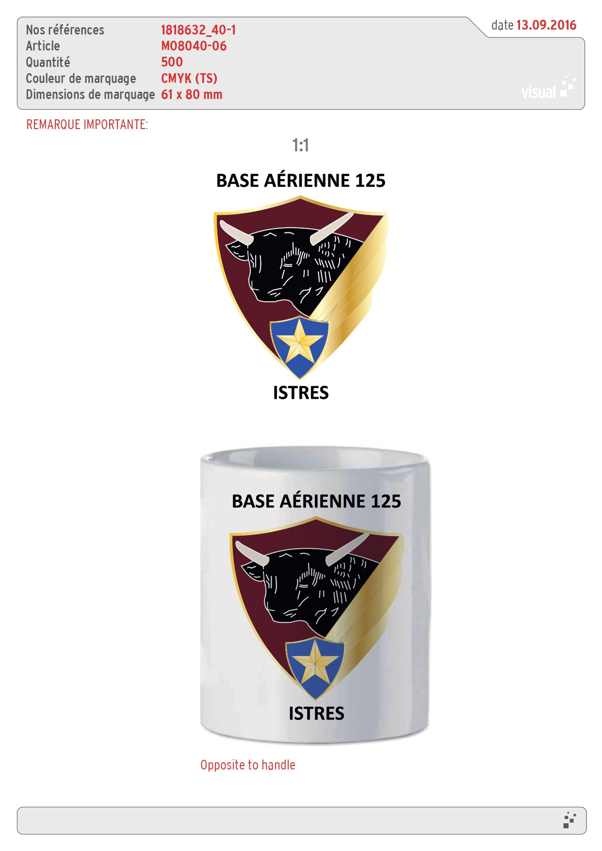 BAT mug personnalisé Base Aérienne 125 Istres impression numérique CMYK 500 exemplaires, blason officiel échelle 1/1, objet publicitaire institutionnel Promosapiens