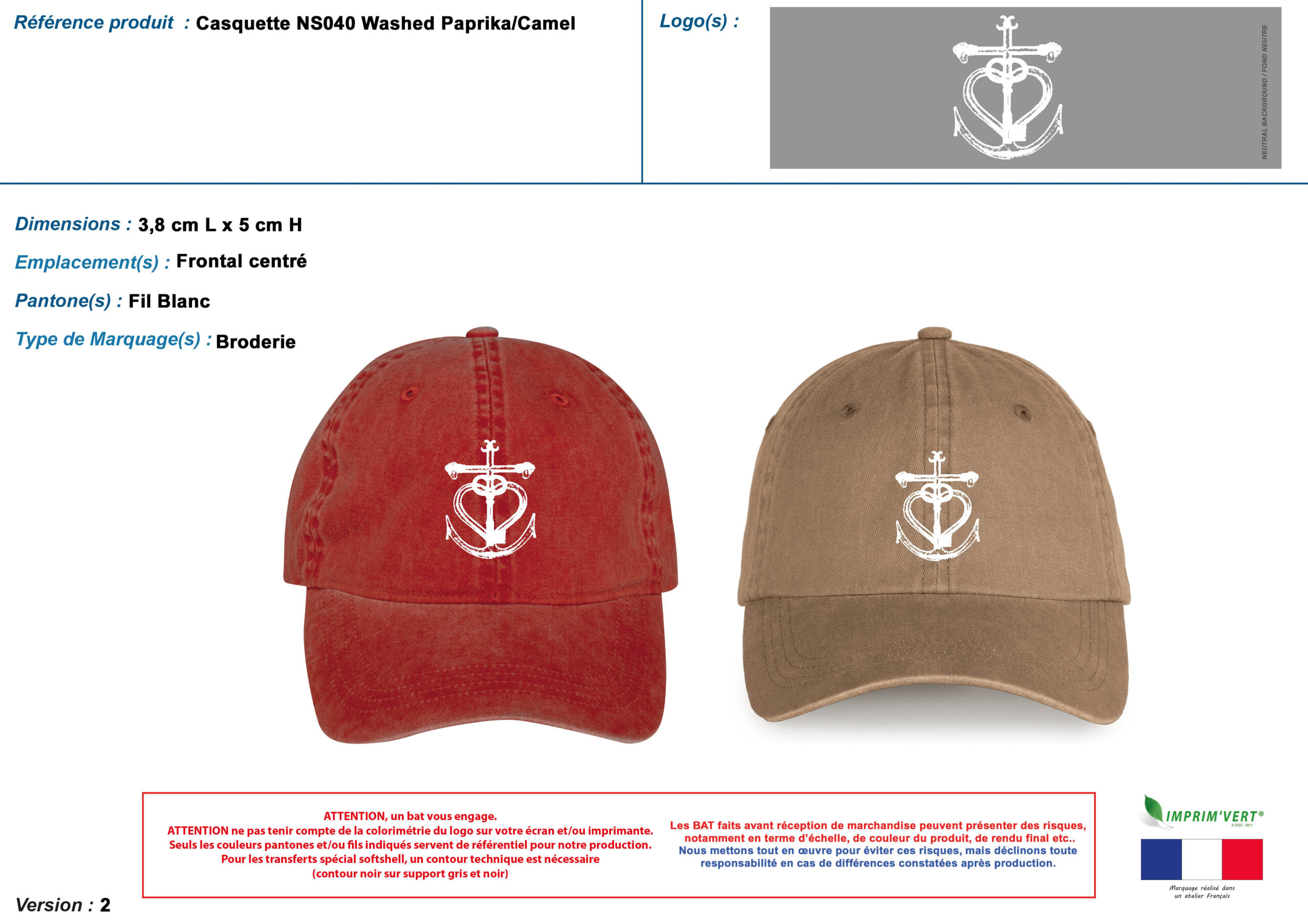 BAT Casquette NS040 brodée en France, Croix de Camargue fil blanc, réalisée par Promosapiens pour le Domaine Isle de Saint-Pierre, objets publicitaires Aix-en-Provence