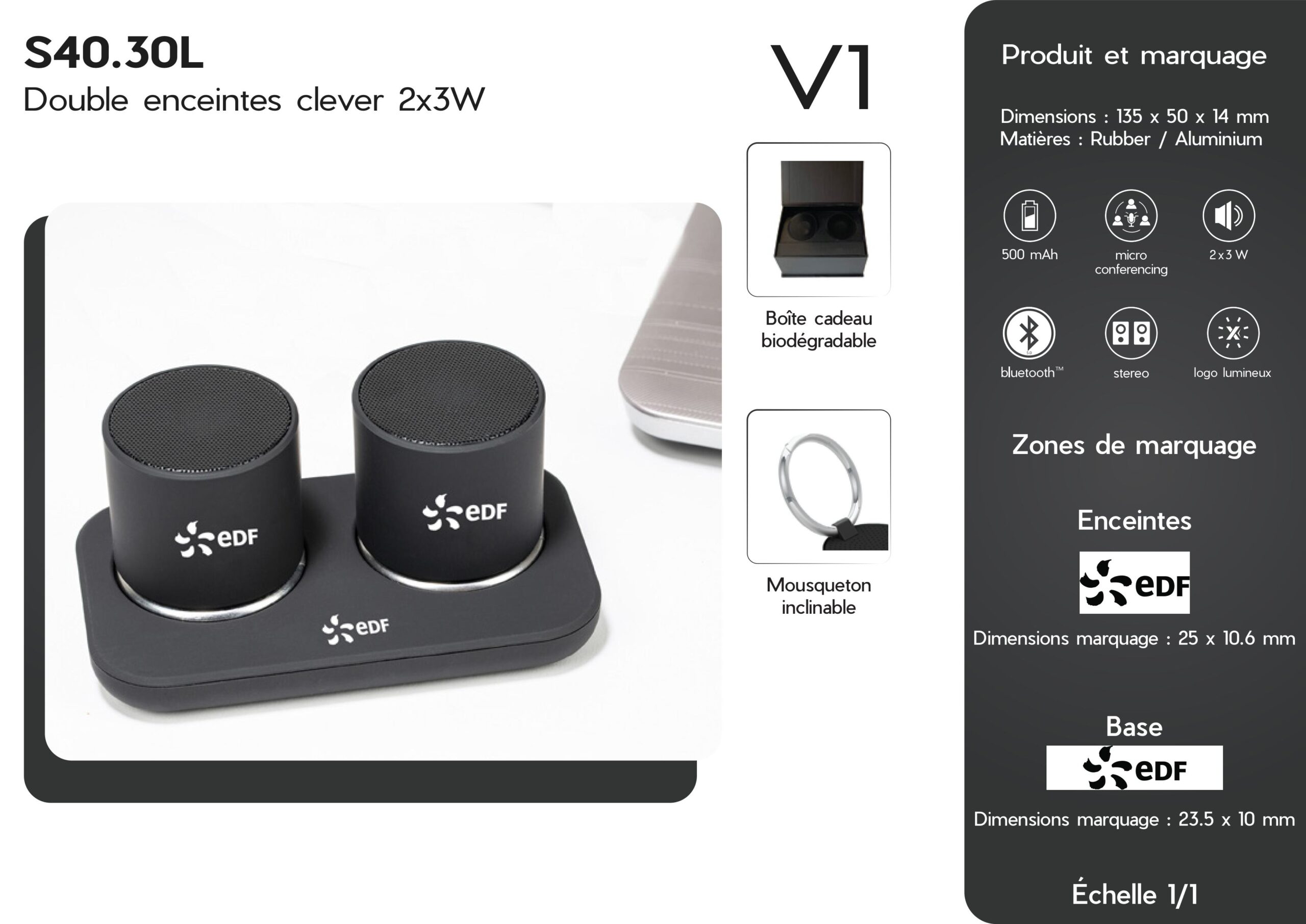 BAT double enceintes bluetooth Clever S40 2x3W EDF Promosapiens, logo EDF marqué tampographie sur enceintes et base, boîte cadeau biodégradable, cadeau d'affaires premium Aix-en-Provence