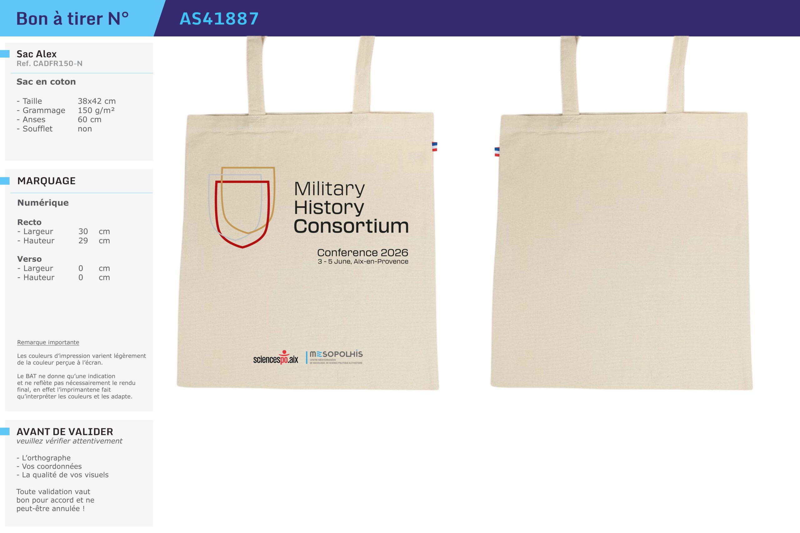 Tote bag coton 150g/m² made in France impression encre à l'eau MESOPOLHIS Sciences Po Aix, Military History Consortium Conference 2026 Aix-en-Provence, réalisation Promosapiens