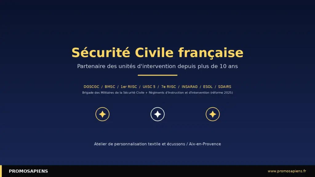 Promosapiens fournit textiles techniques et écussons aux unités de la Sécurité Civile française depuis son atelier d'Aix-en-Provence.