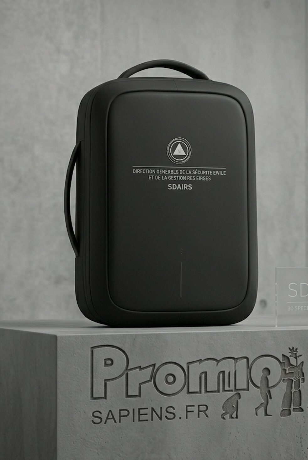Sac à dos opérationnel marqué SDAIRS (Sous-direction des affaires internationales, des ressources et de la stratégie de la DGSCGC), sérigraphie blanche sur polyester noir, personnalisé par Promosapiens