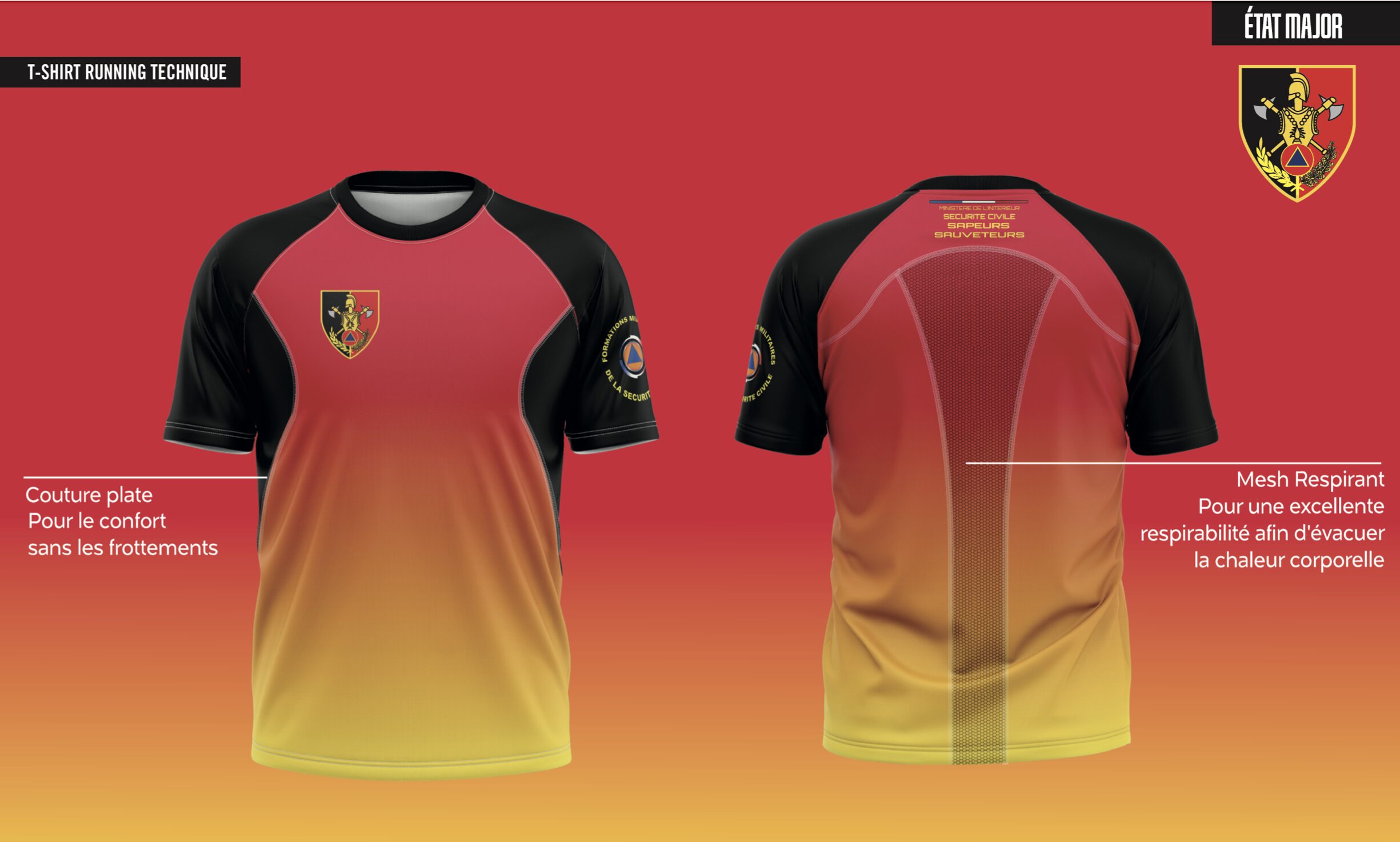 T-shirt de running technique en polyester respirant, sublimation intégrale, écusson de l'État-Major des formations militaires de la Sécurité Civile, réalisé par Promosapiens à Aix-en-Provence
