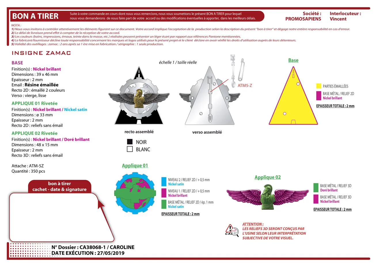 BAT technique insigne CCL du 25e RGA, décomposition base et appliques rivetées, codage des reliefs 3D, Promosapiens Aix-en-Provence