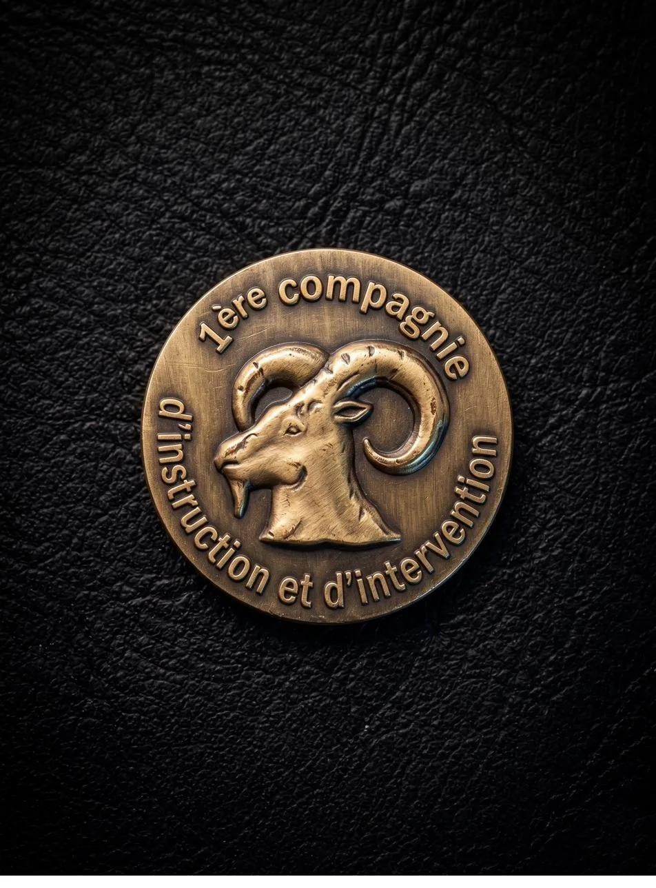 Coin 1ère compagnie UIISC 5 en zamac finition bronze antique, relief 3D non émaillé, réalisé par Promosapiens
