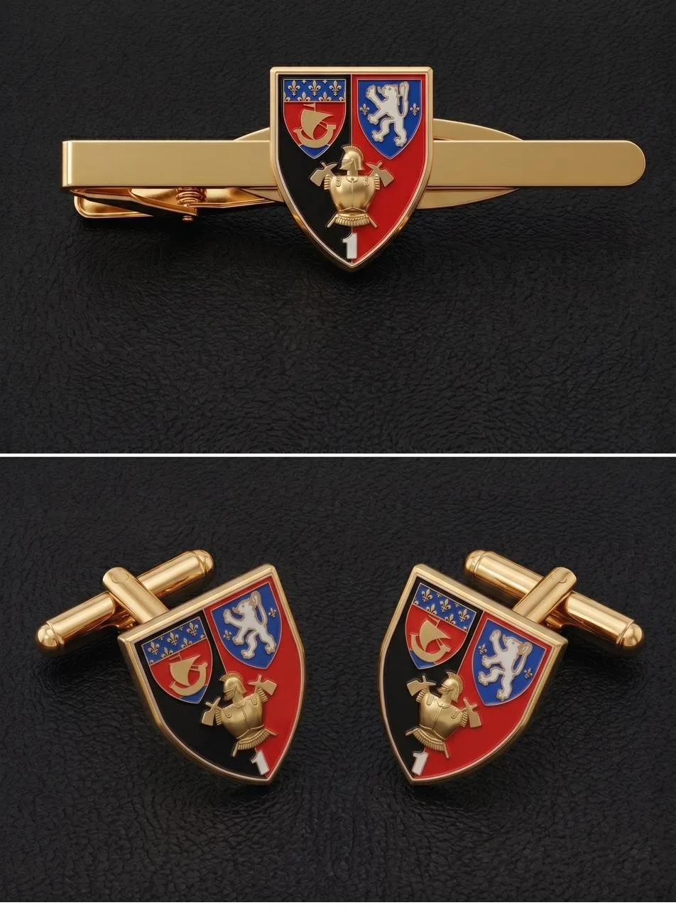 Coffret protocolaire au blason du 1er RIISC, pince de cravate et boutons de manchette sur mousse thermoformée, Promosapiens