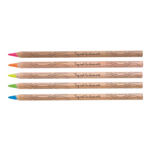 Crayons surligneurs publicitaires en bois, cinq mines fluo, fabriqués en France
