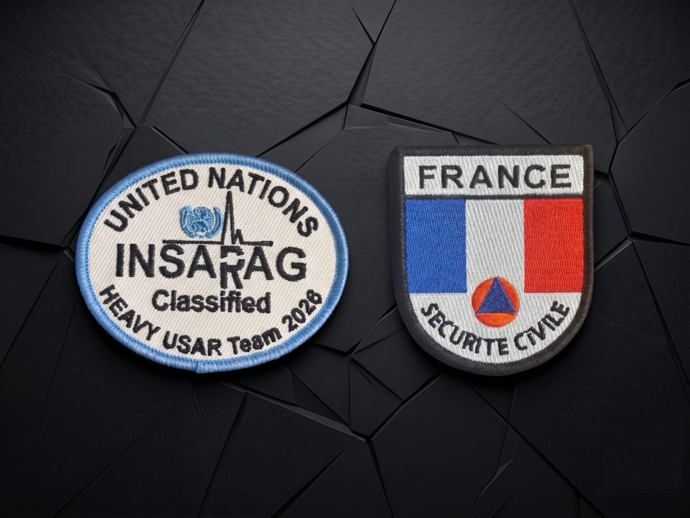 Écussons Sécurité Civile France et INSARAG Heavy USAR Team classé ONU, fabrication Promosapiens