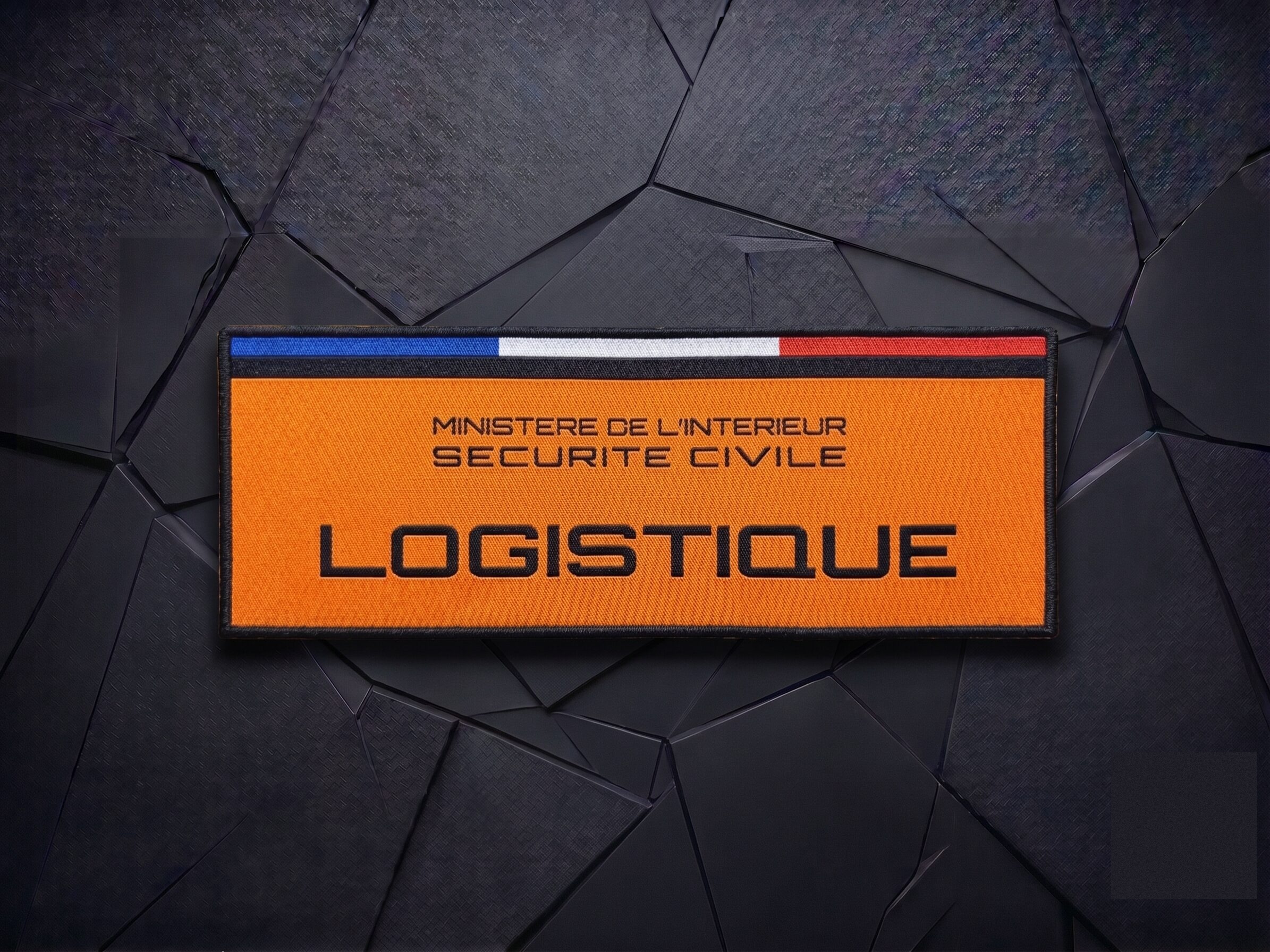 Écusson tissé Sécurité Civile Logistique, mention Ministère de l'Intérieur, rendu plat haute définition, fabrication Promosapiens