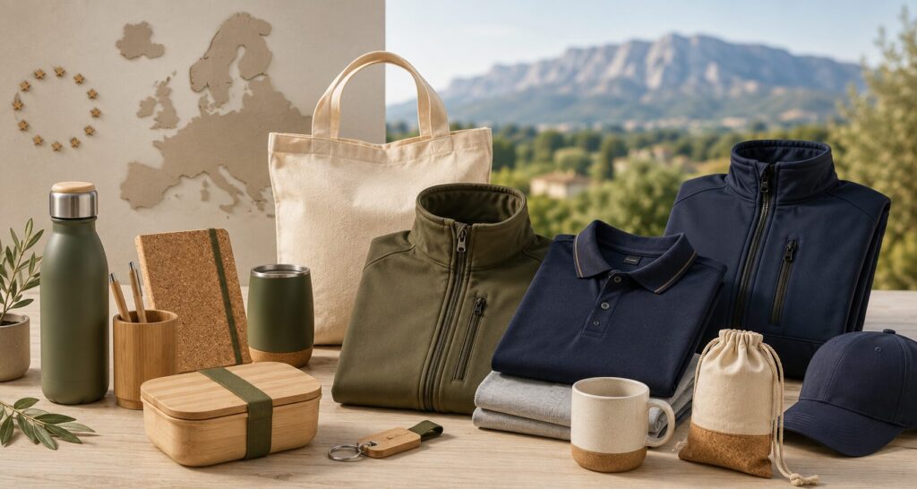 Objets publicitaires fabriqués en Europe : tote bag, gourde, textile et bodywarmer personnalisés devant la Sainte-Victoire