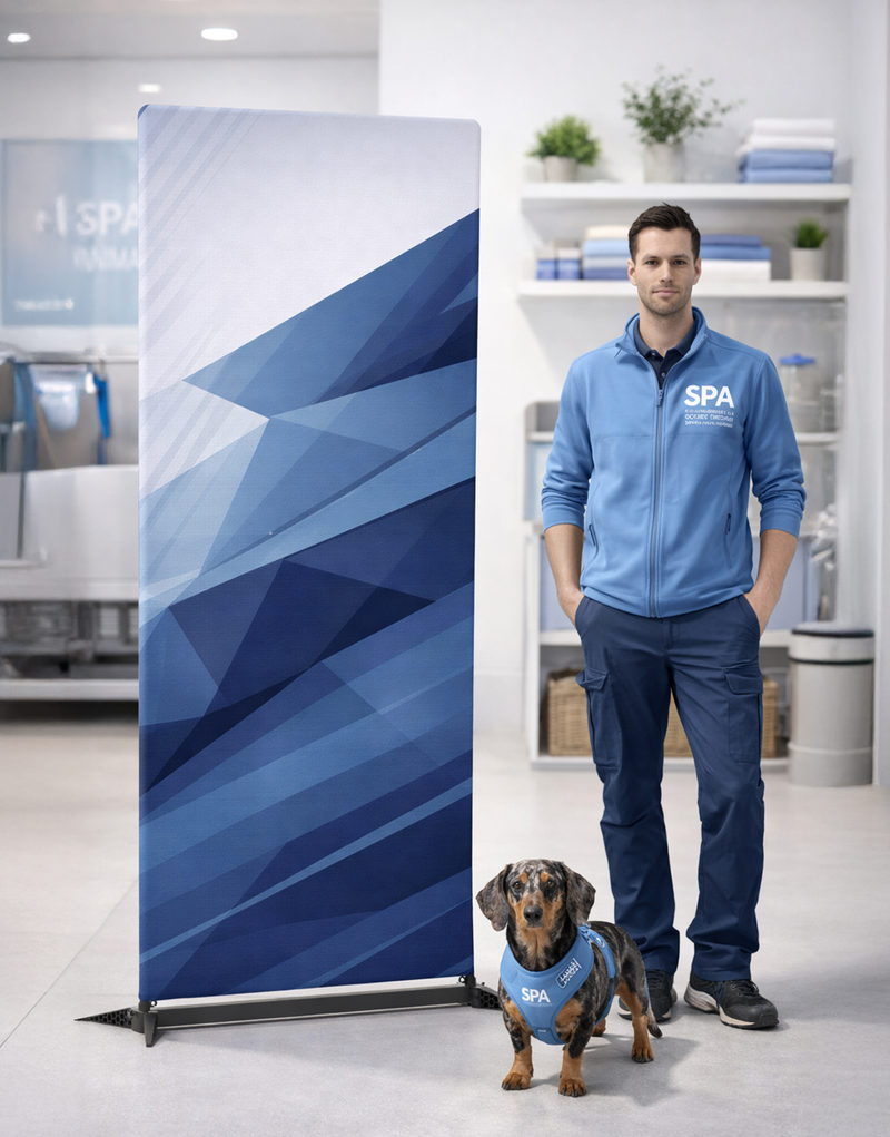 Aérostand format kakémono, structure tube aluminium et housse textile imprimée
