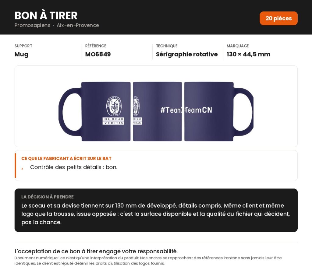 Bon à tirer d'un mug personnalisé en sérigraphie rotative sur 130 millimètres de développé