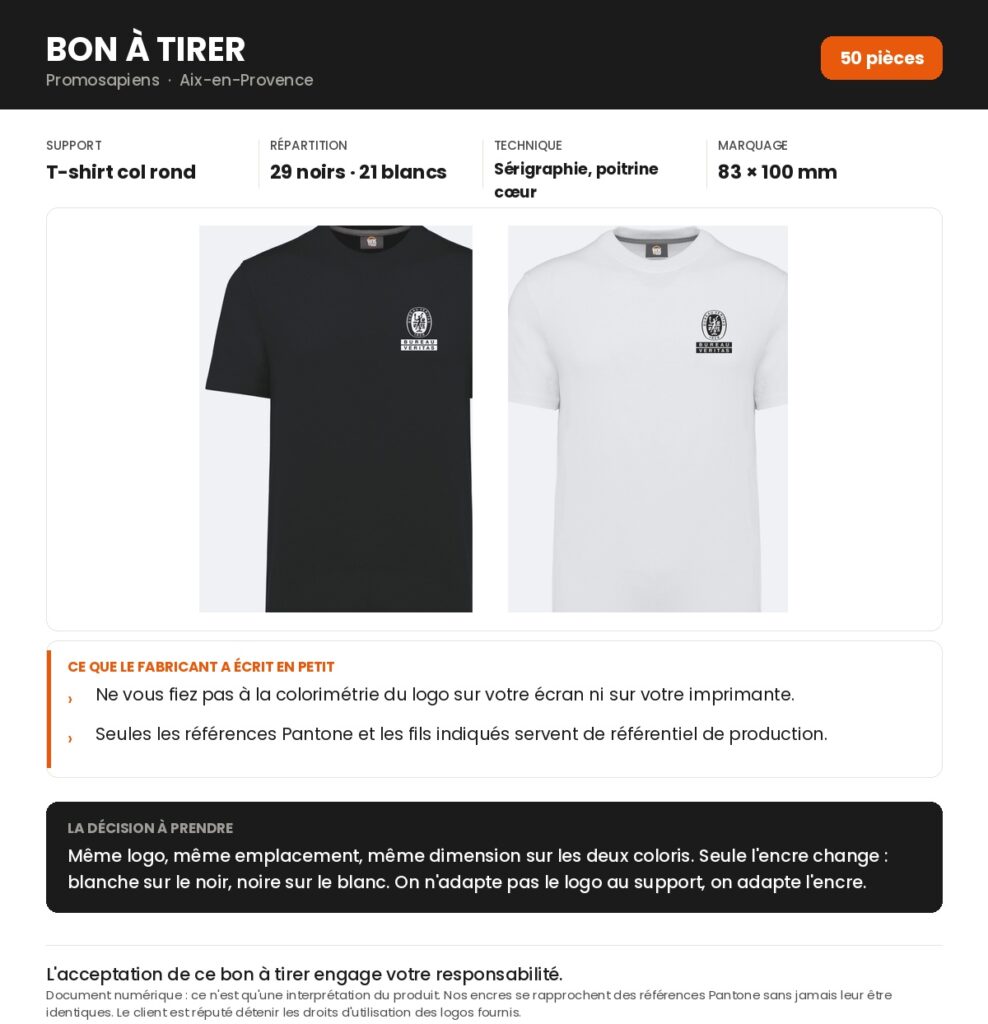 Bon à tirer de t-shirts personnalisés, marquage identique en encre blanche sur noir et en encre noire sur blanc