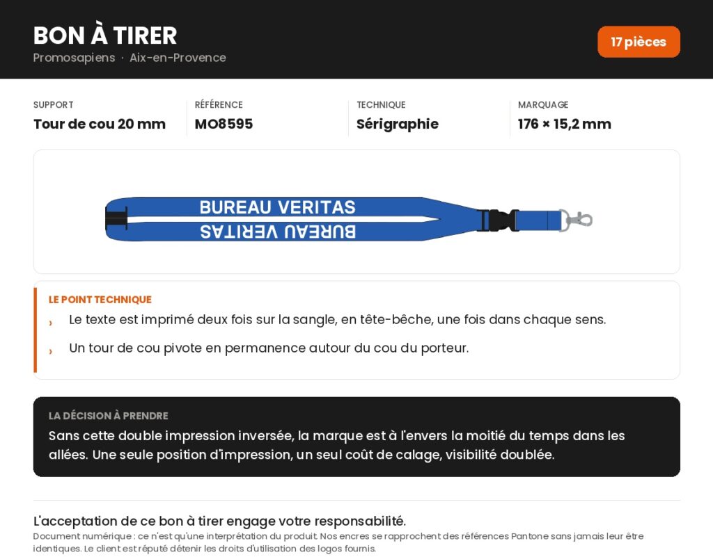 Bon à tirer d'un tour de cou personnalisé en sérigraphie, texte imprimé en tête-bêche sur les deux moitiés de la sangle