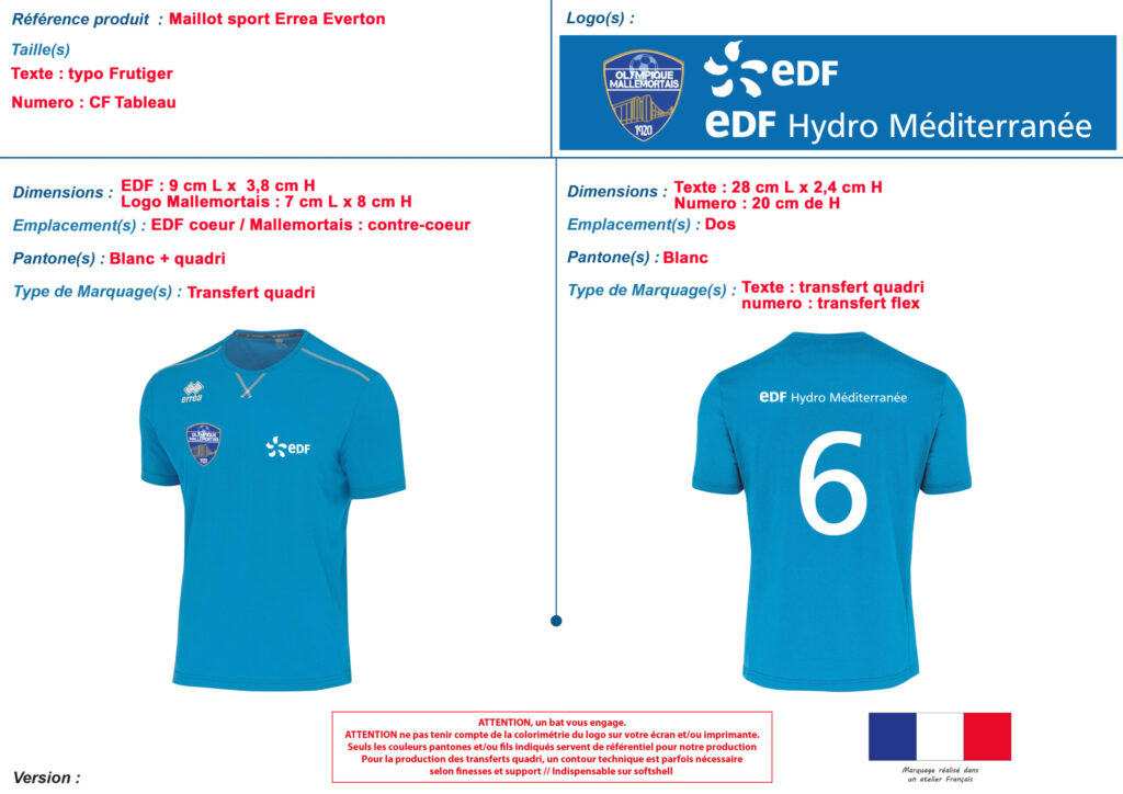 BAT de marquage : maillot de sport avec numéro dorsal en transfert flex et logos EDF Hydro Méditerranée et Olympique Mallemortais
