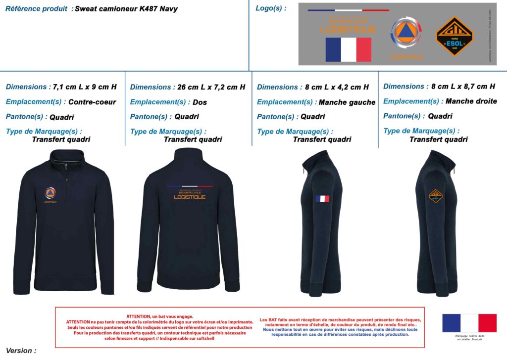 BAT de marquage : sweat camionneur navy marqué en transfert quadri sur quatre emplacements pour l’ESOL Sud de la Sécurité civile
