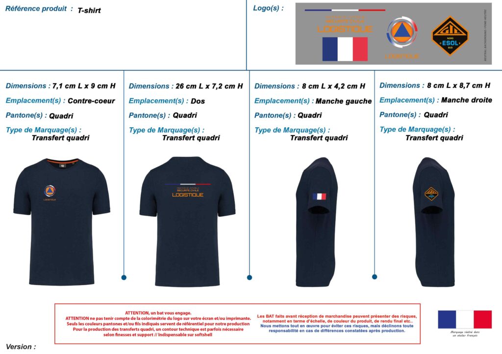 BAT de marquage : t-shirt navy portant les mêmes logos ESOL Sud que le sweat, en transfert quadri