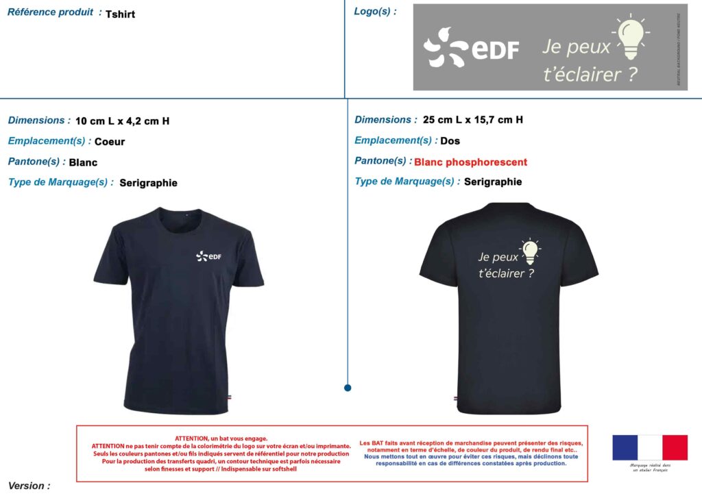 BAT de marquage : t-shirt navy sérigraphié au dos en encre blanche phosphorescente