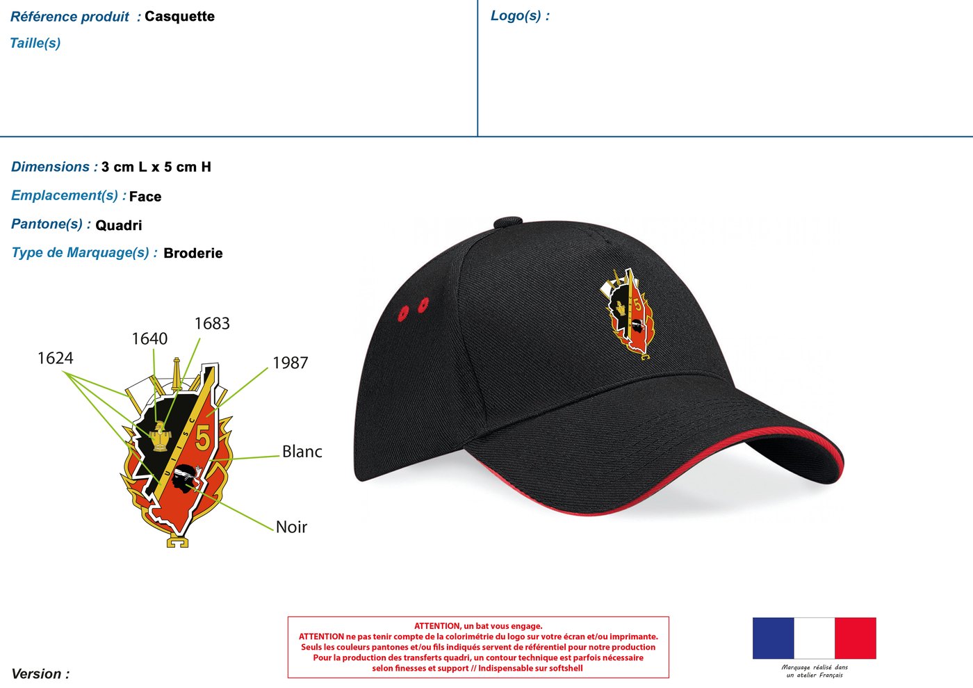 Blason d'unité brodé en six fils sur casquette noire, marquage de 3 cm sur 5 cm