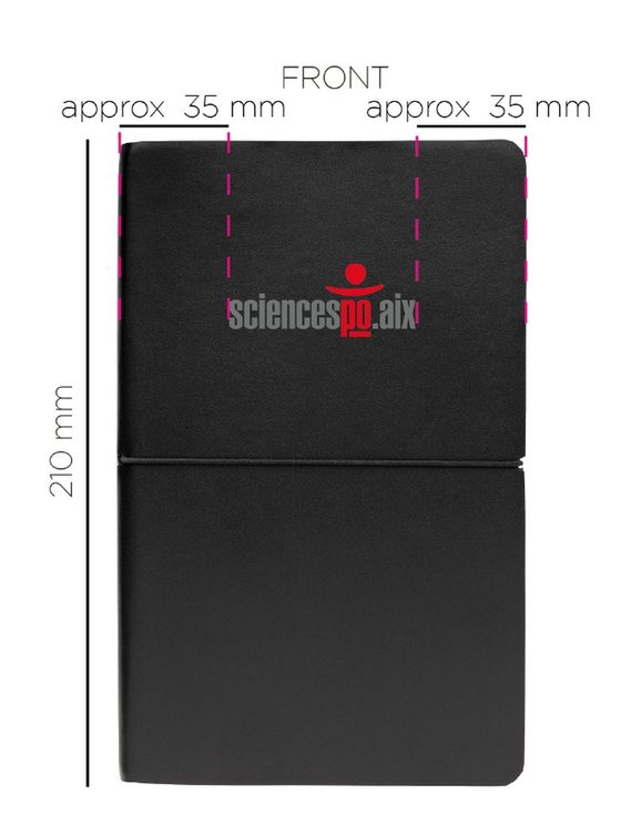 Bon à tirer d’un carnet A5 noir marqué au logo de Sciences Po Aix en transfert sérigraphique deux couleurs