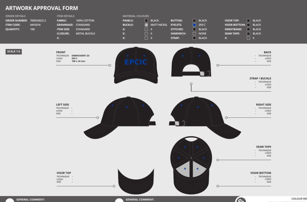 Bon à tirer d'une casquette noire 6 panneaux, broderie 2D de 100 x 24 mm en Pantone 293 C, œillets repris dans la couleur de marque