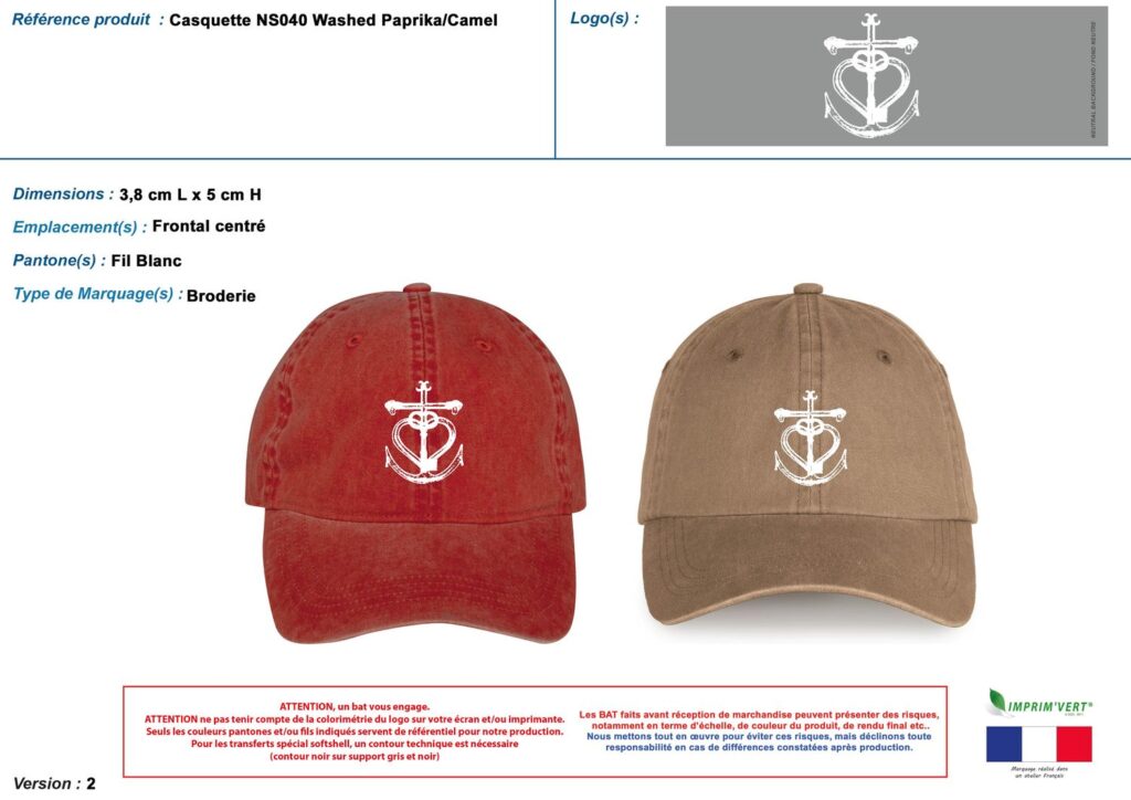 Bon à tirer d'une casquette washed paprika et camel, broderie fil blanc de 38 x 50 mm centrée sur la couture frontale