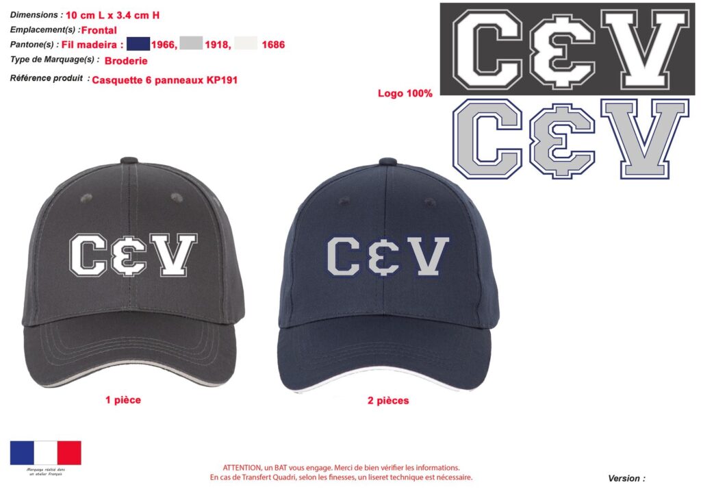 Bon à tirer d'une casquette 6 panneaux, broderie de 100 x 34 mm en trois fils Madeira