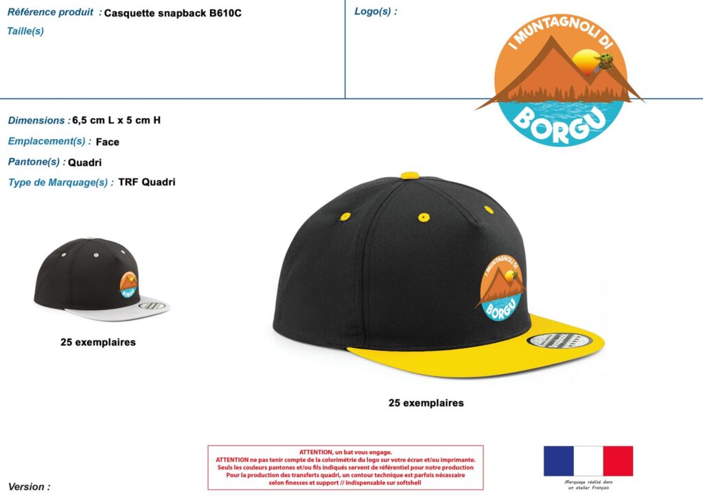 Bon à tirer d'une casquette snapback noire et jaune, transfert quadri, série de 25 exemplaires