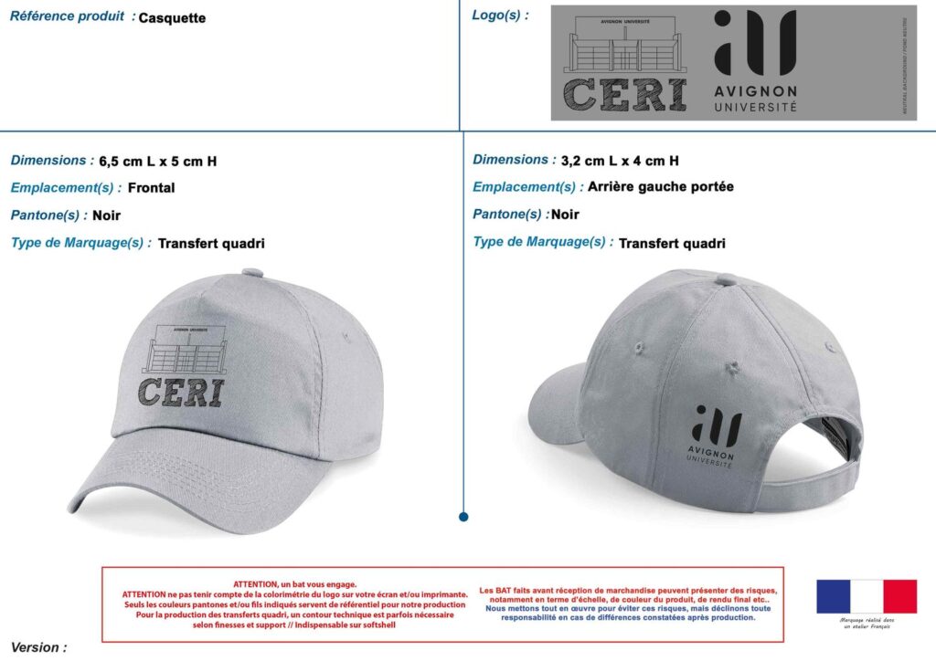Bon à tirer d'une casquette 5 panneaux grise, transfert quadri frontal et second marquage arrière gauche porté