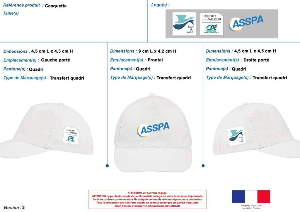 Bon à tirer d'une casquette blanche portant trois logos partenaires en transfert quadri sur trois emplacements
