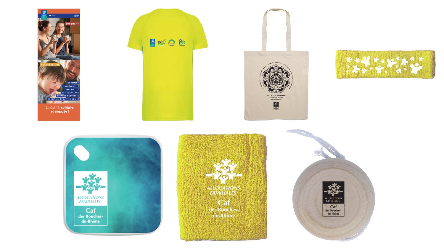 Kit de sept supports marqués pour la Caf des Bouches-du-Rhône : bâche événementielle, t-shirt technique, tote bag coton, bandeau tête, objet quadri, poignet éponge et yoyo en bois