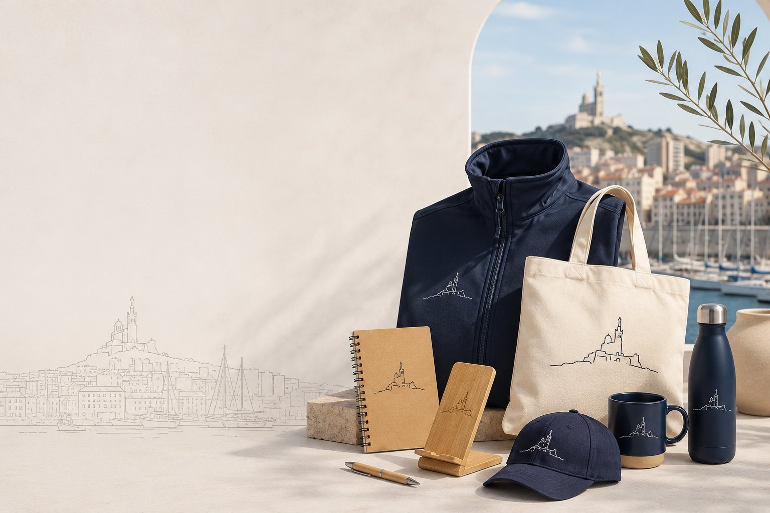 Goodies et textiles personnalisés pour entreprises marseillaises : softshell brodé, tote bag, gourde, mug, casquette et carnet devant le Vieux-Port et Notre-Dame-de-la-Garde