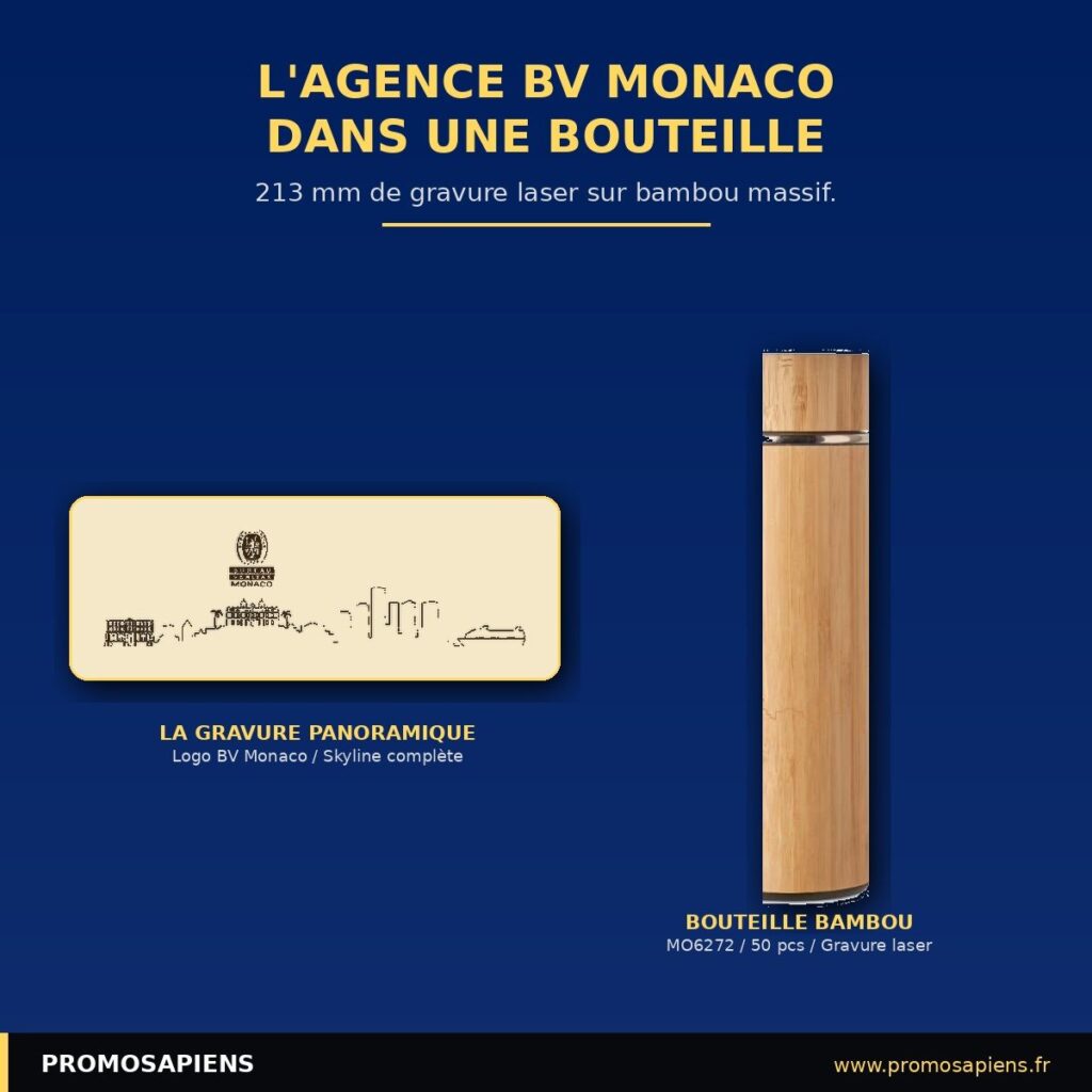 Bouteille en bambou massif gravée au laser sur 213 mm de large avec une skyline complète