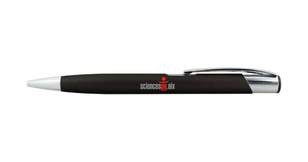 Stylo personnalisé noir marqué en tampographie deux couleurs sur une zone de 17,8 x 7 mm
