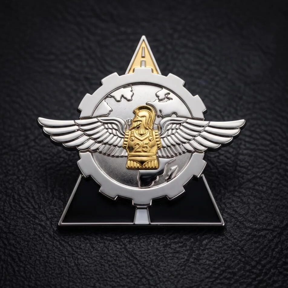 Insigne de la Compagnie de Commandement et de Logistique du 25e régiment du génie de l’air, zamac, base nickel brillant et appliques rivetées nickel satin et doré brillant, relief 3D, réalisé par Promosapiens